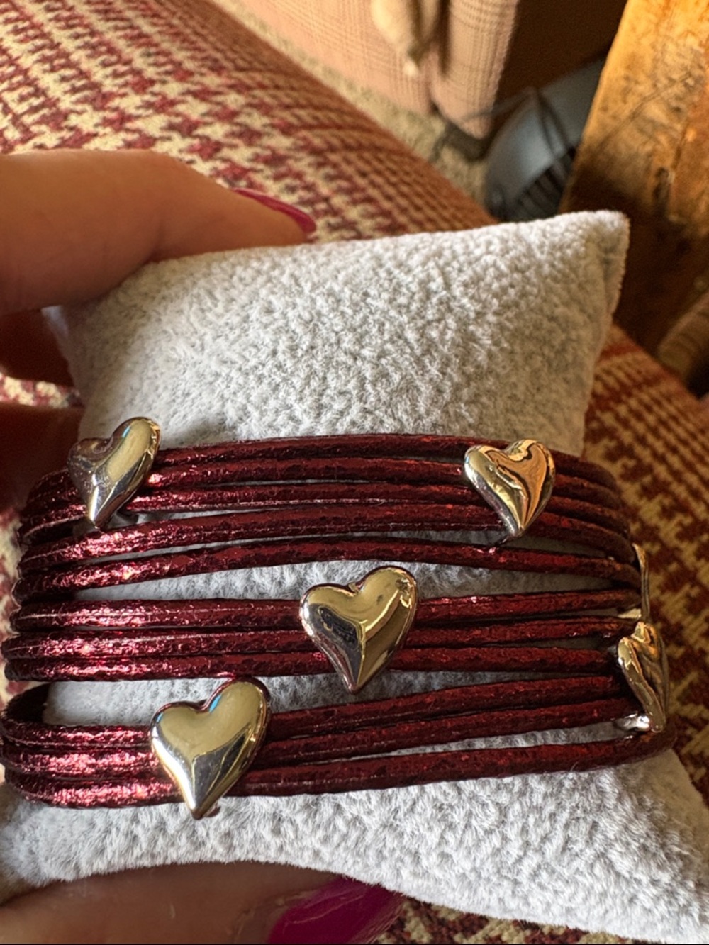 Red Multi-Strand Heart Bracelet with Silver Accents